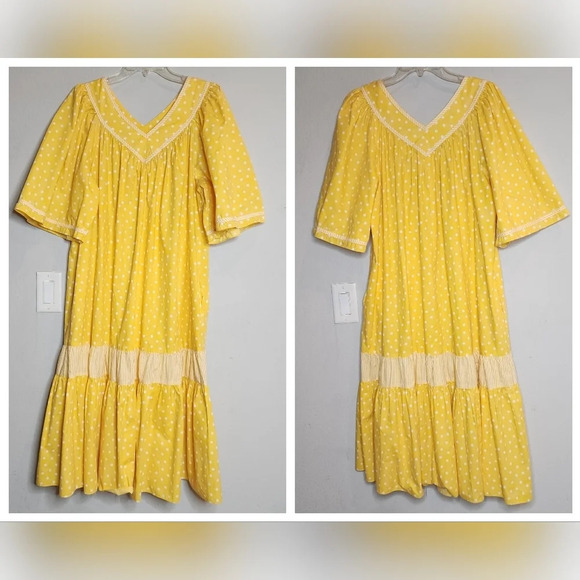 Vintage Two Potato Yellow Polka Dot Midi  Dress Mumu Wide Sleeve Pockets XL - Picture 10 of 16